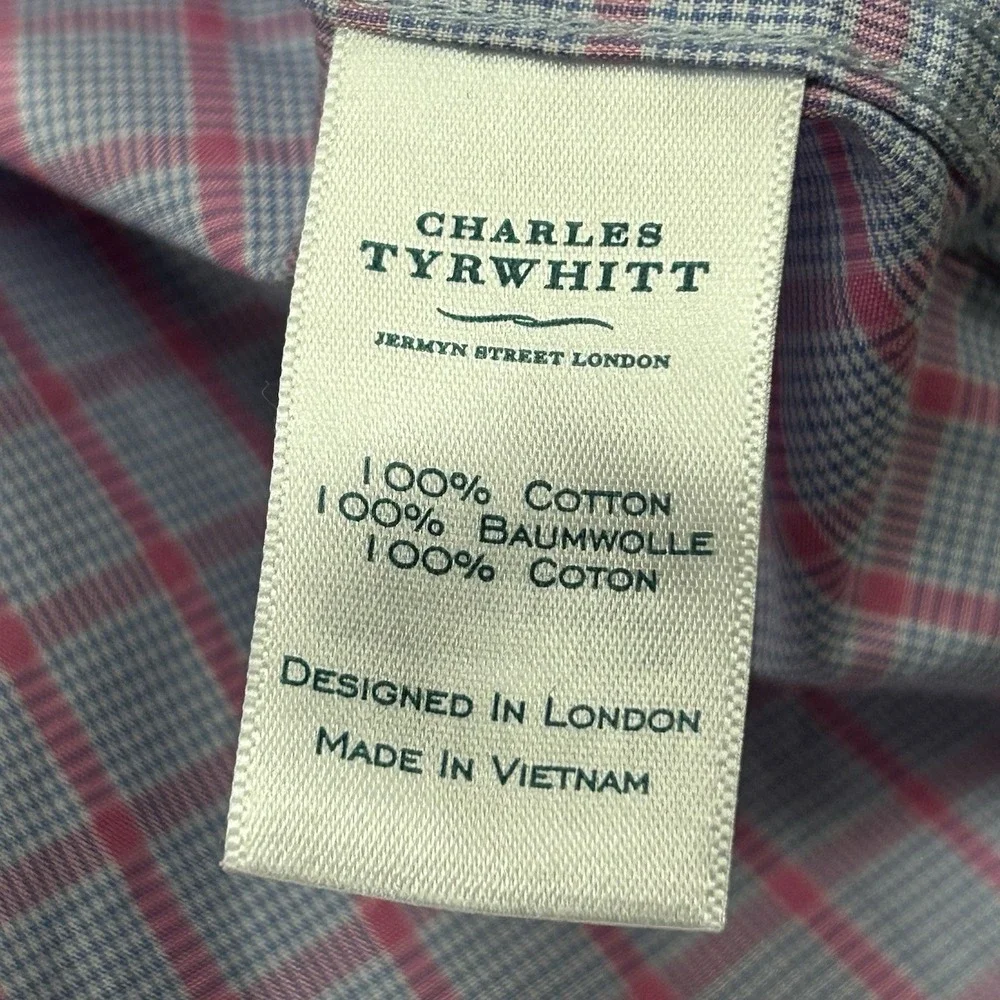 Charles Tyrwhitt Dress Shirt Mens‎ 17.5 34 Classic Fit Pink Blue Plaid Cotton